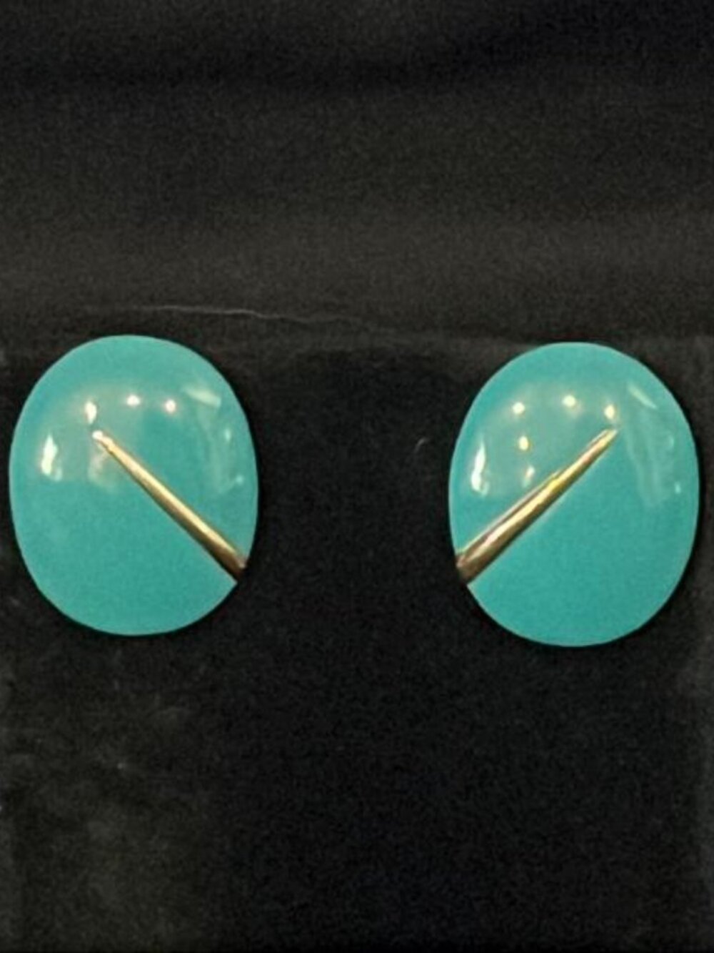 Teal Oval with Gold Tone Stripe Earrings